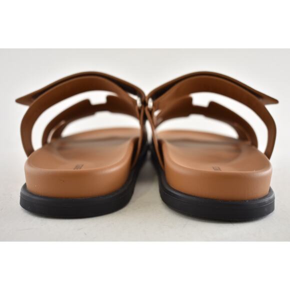 Hermes Chypre Sandal Mens Naturel Brown Gold Leather H Logo Slide Flat 45 12 - Picture 12 of 13